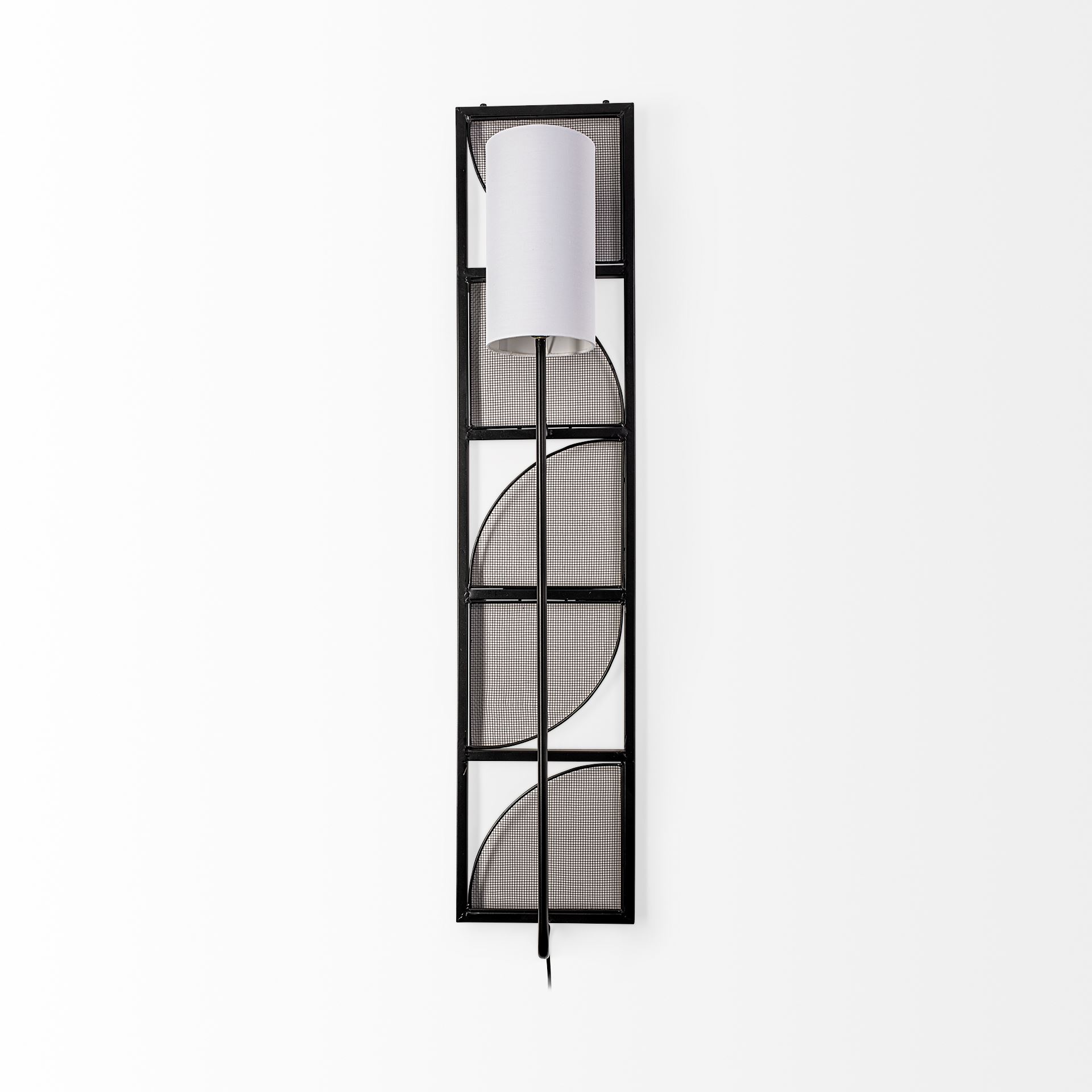 Navin 10x46.5 Black Metal Body White Fabric Shade Rectangular Wall Sconce, by Mercana, 10.04" length x 8.86" width x 46.85" height View 2
