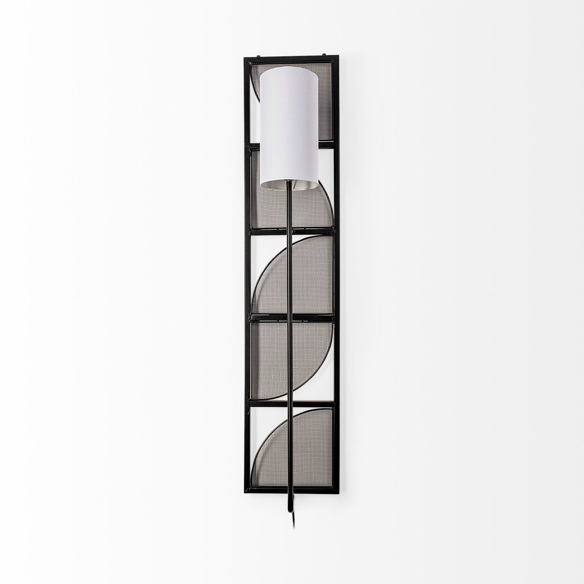 Navin 10x46.5 Black Metal Body White Fabric Shade Rectangular Wall Sconce, by Mercana, 10.04" length x 8.86" width x 46.85" height View 2
