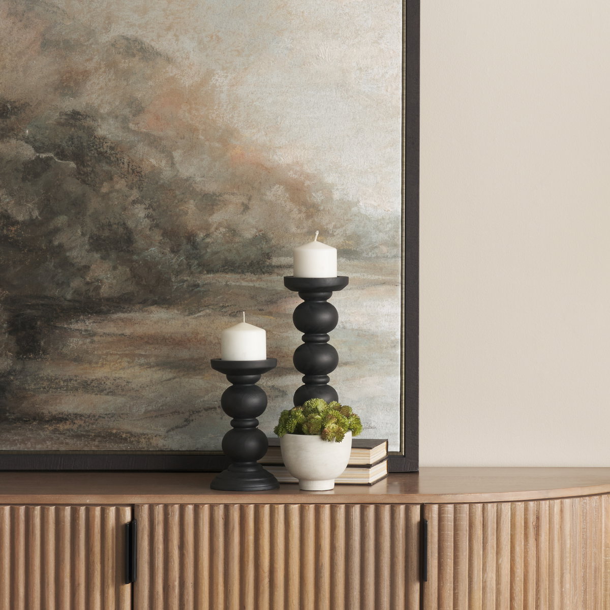 Wanda Matte Black Wood Pillar Candle Holders (Set of 2), Candles & Candle Holder by Mercana, 4.75" length x 4.75" width x 11.5" height View 2