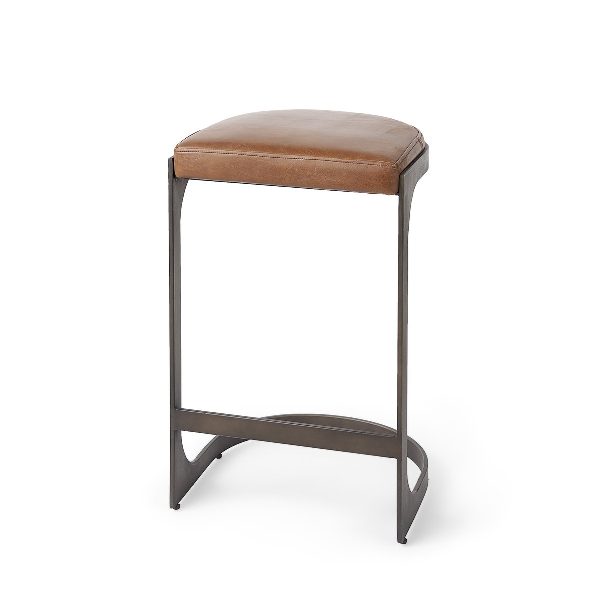 Tyson Backless 27.5in Seat Counter Stool | Brown Leather with Metal, Counter & Bar Stool by Mercana, 17.25" length x 17.5" width x 28" height View 1
