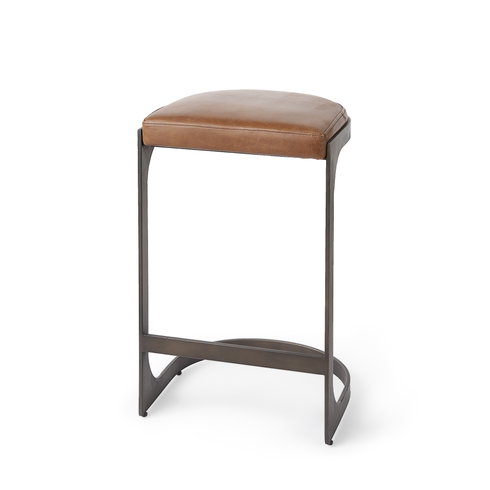Tyson Backless 27.5in Seat Counter Stool | Brown Leather with Metal