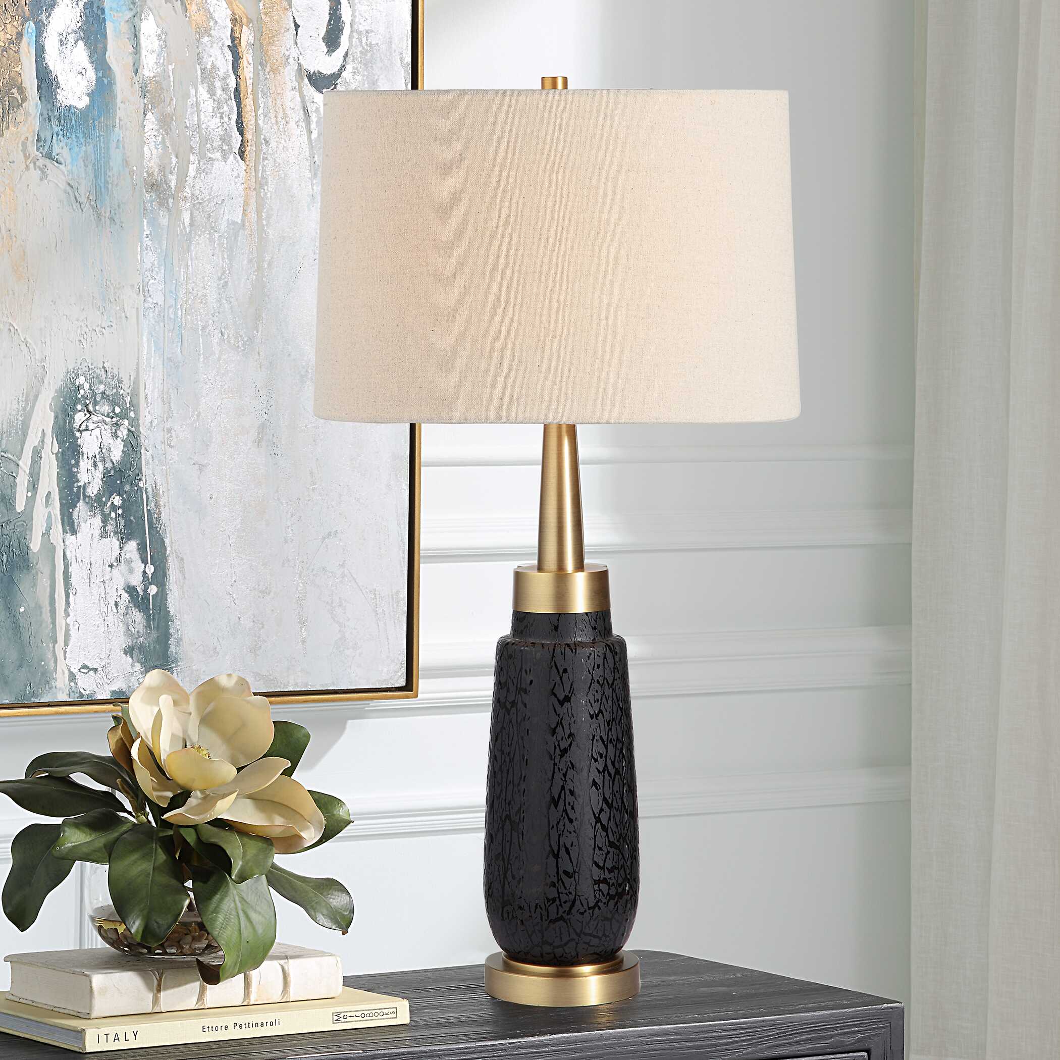 Spyglass Black Wood Grain Table Lamp, by Uttermost, 16" width x 30.75" height x 16" depth View 2