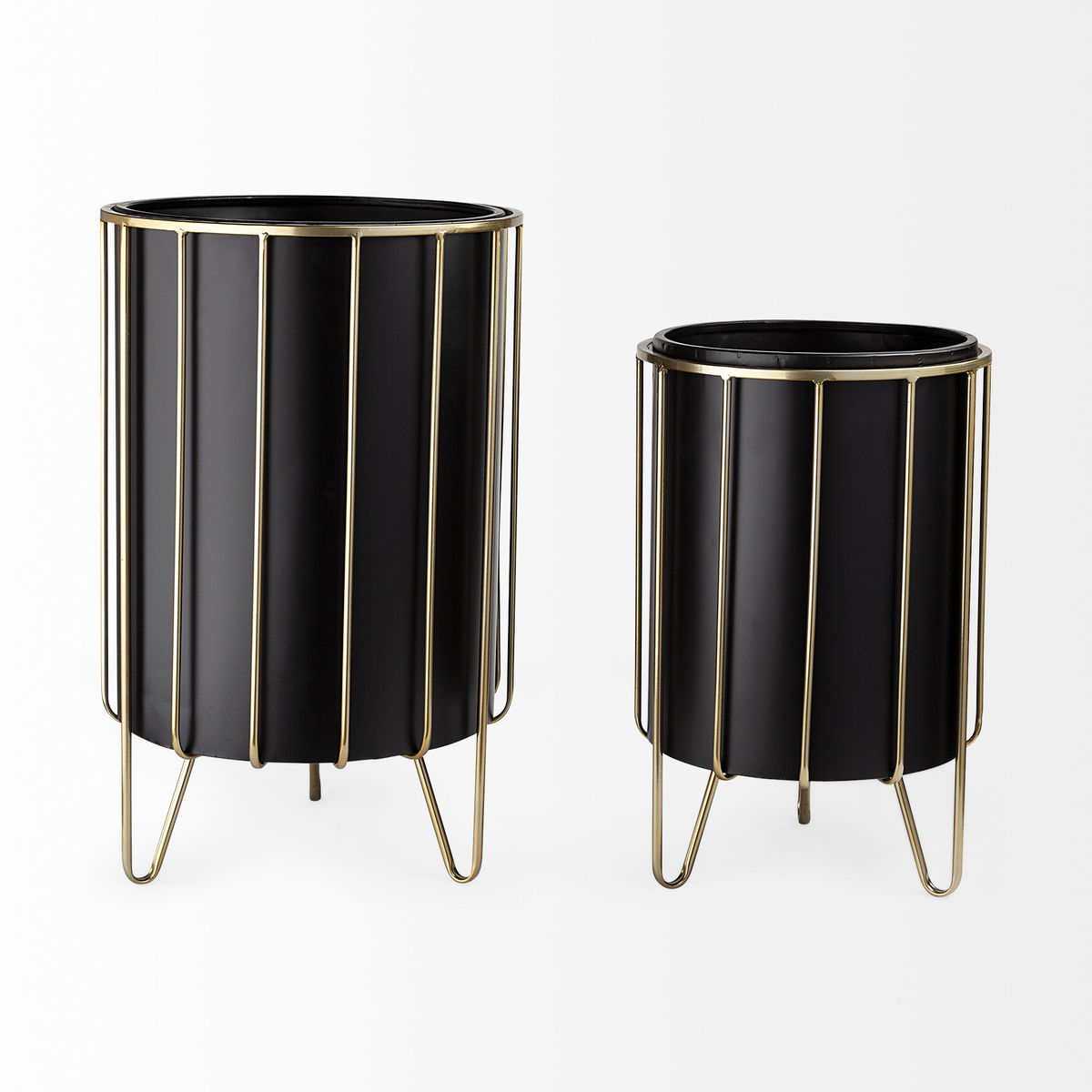 Pianta 13 x 21 Set of Two Black Metal Insert Brass Frame Plant Stands, Planter by Mercana, 12.8" length x 12.8" width x 20.87" height View 3