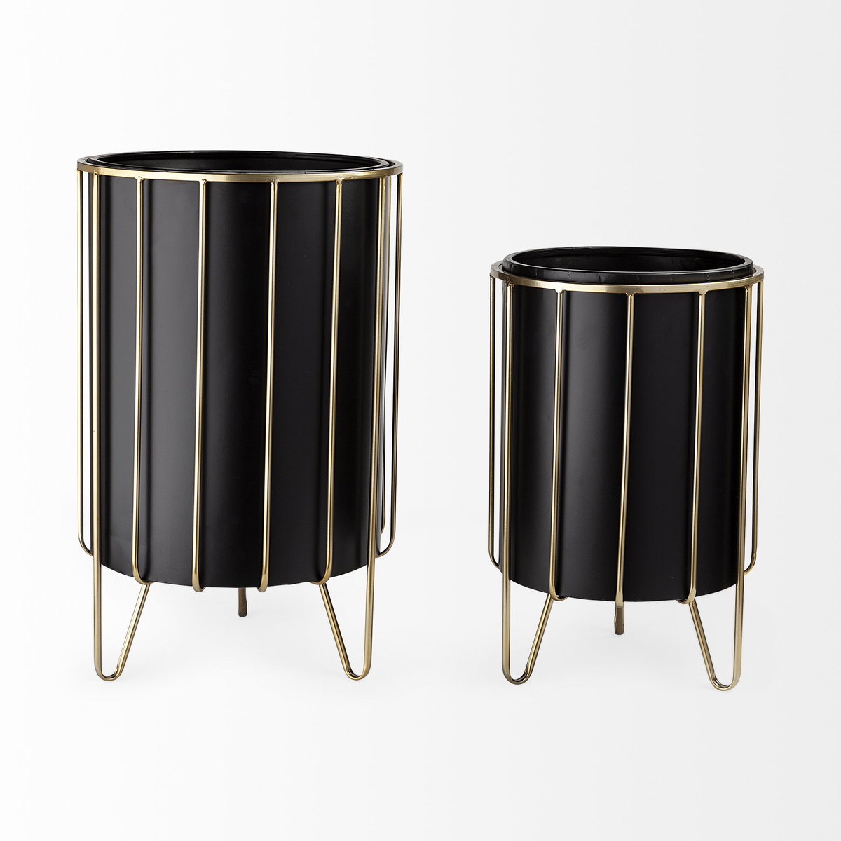Pianta 13 x 21 Set of Two Black Metal Insert Brass Frame Plant Stands, Planter by Mercana, 12.8" length x 12.8" width x 20.87" height View 3