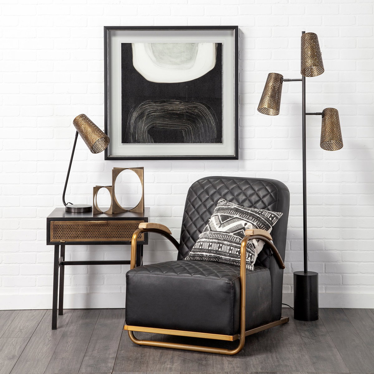 Horace I Black Leather Diamond Pattern with Gold Iron Frame Accent Chair, by Mercana, 26" length x 35.5" width x 31.25" height View 4