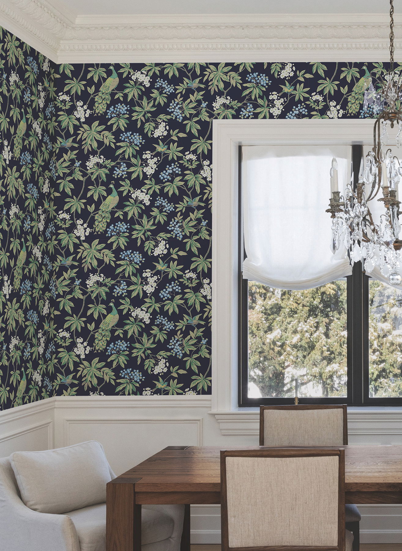 Peacock Estate Navy Wallpaper large image 