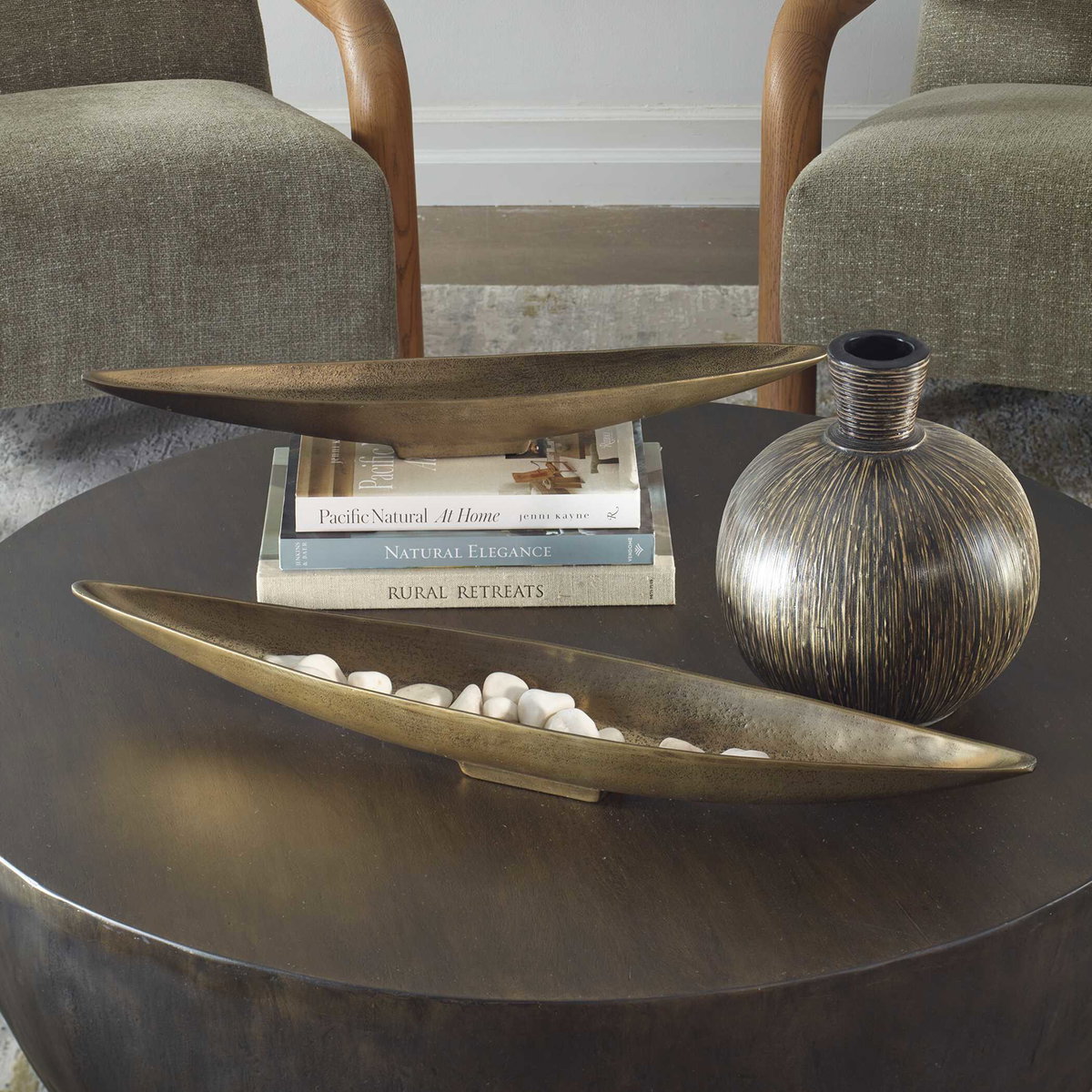 River Run Antique Brass Bowls Set/2, Decorative Tray by Uttermost, 31" width x 3.5" height x 5.5" depth View 2