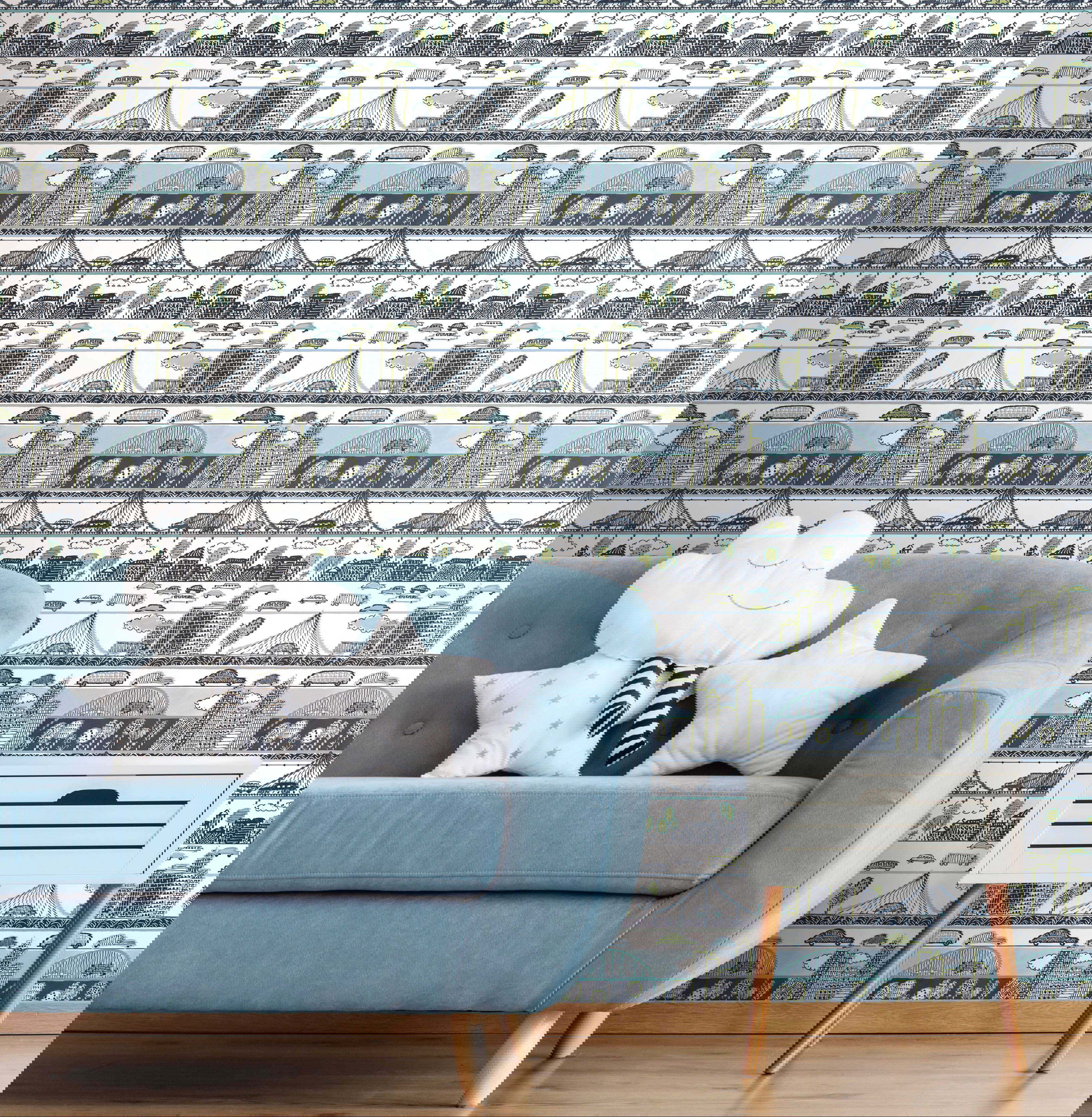 Urban Stripe Blue & Green Peel & Stick Wallpaper large image 