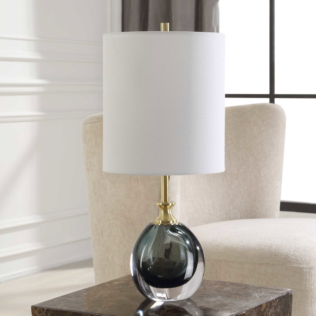 Enigma Teal Blue Glass Buffet Lamp, Table Lamp by Uttermost, 9" width x 20" height x 9" depth View 4