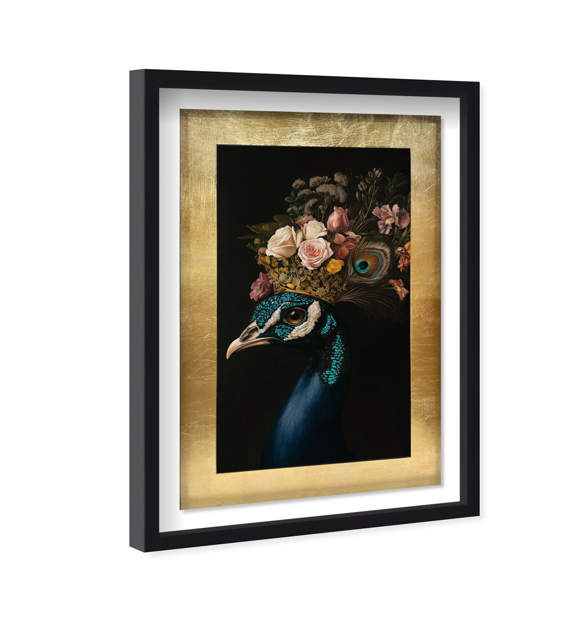 Peacock's Crown II - With Hand-Applied Gold Leaf & Glitter (Black and Teal Glitter, Gold Leaf Mat), Art by Oliver Gal,  24x36 View 2