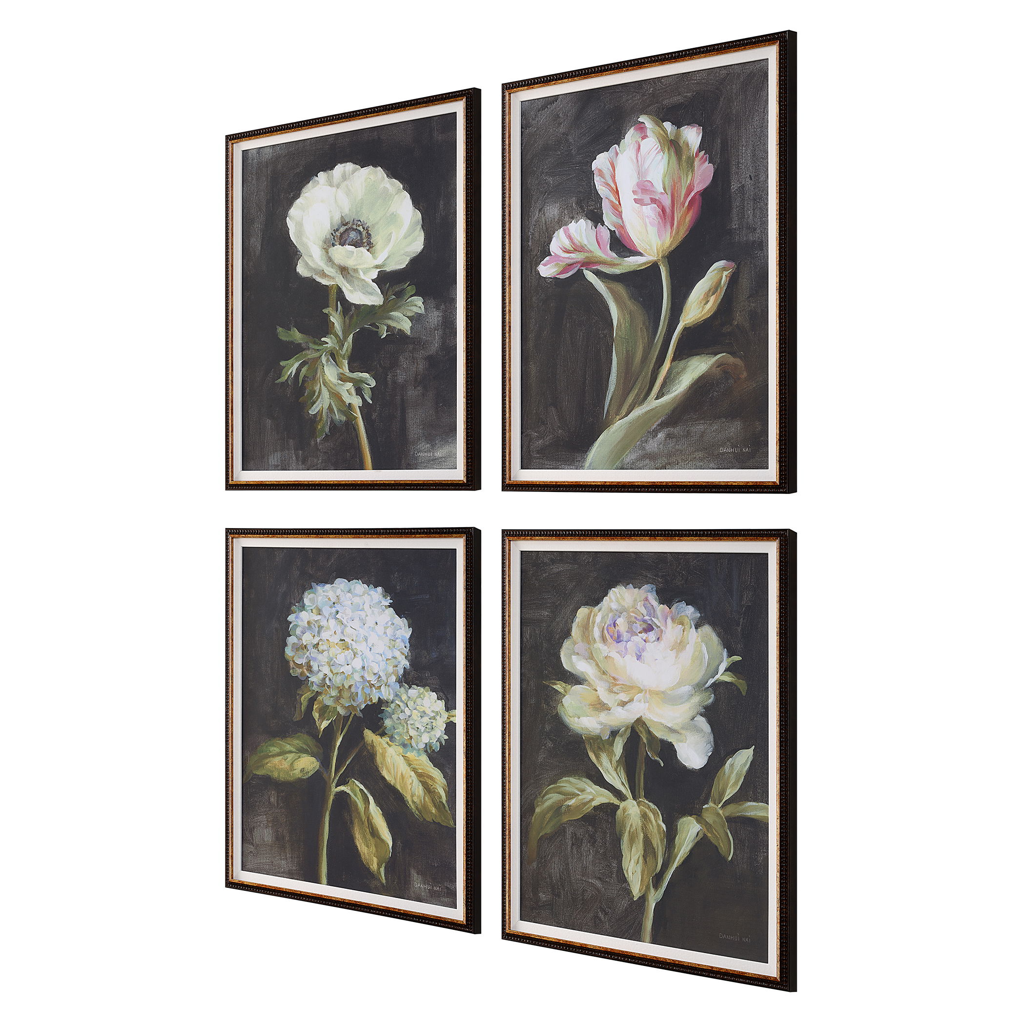 Florals On Black Framed Prints, Set/4 large image 