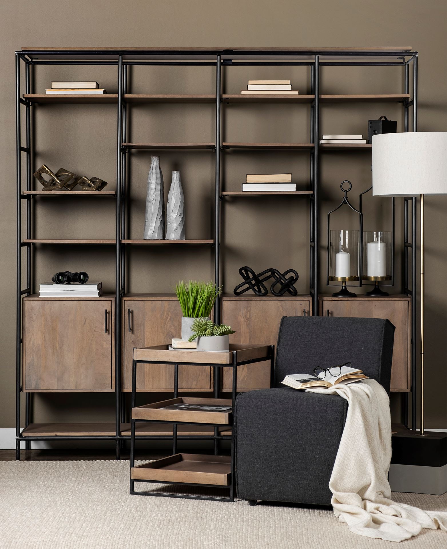 Trey III 20' x 26' Square Medium Brown Wooden Three-Tiered Black Iron Frame End/Side Table, Side & End Table by Mercana, 20" length x 20" width x 26" height View 2