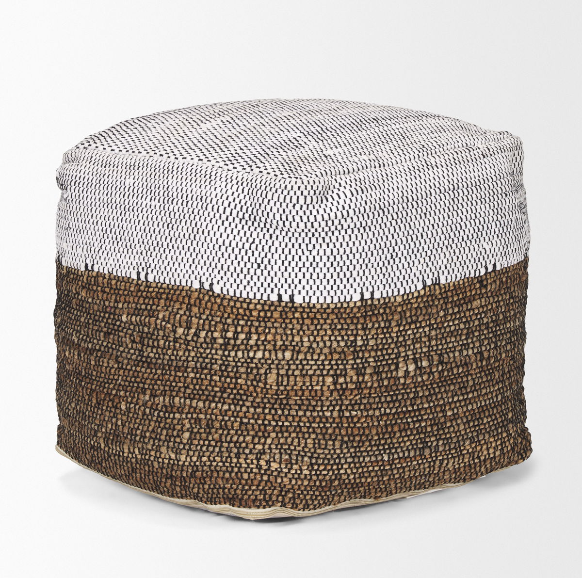 Samiya Jute with White Cotton Pouf, Ottoman by Mercana, 16" length x 16" width x 16" height View 4