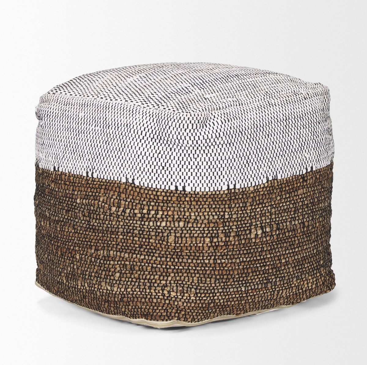 Samiya Jute with White Cotton Pouf, Ottoman by Mercana, 16" length x 16" width x 16" height View 4