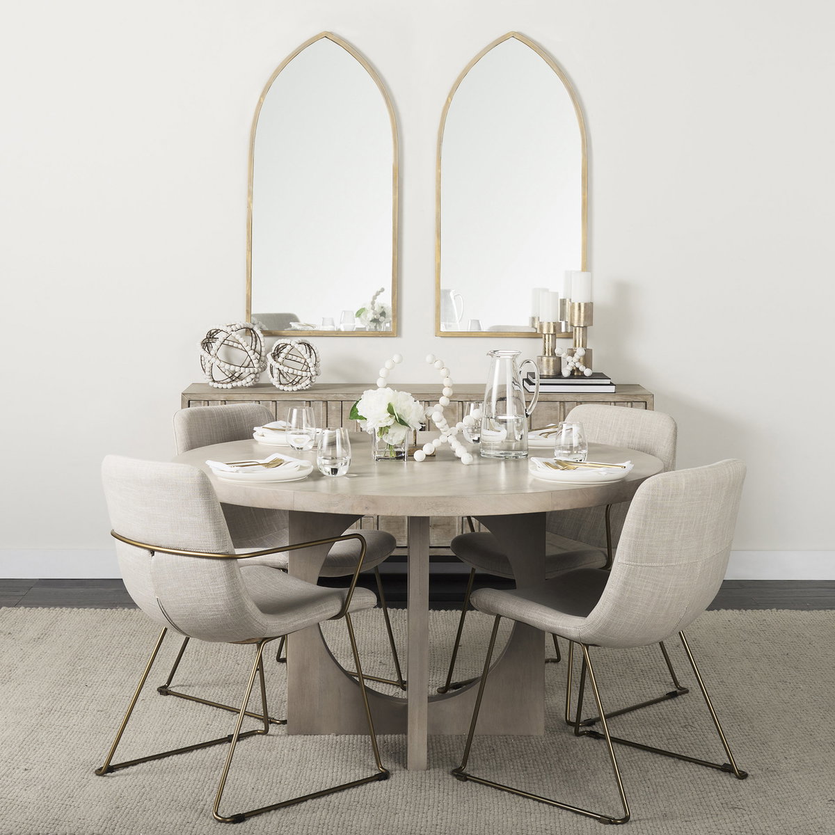 Sawyer Solid Back Dining Arm Chair | Beige Fabric with Gold Metal, Dining Chair by Mercana, 22.44" length x 24.8" width x 34.65" height View 3