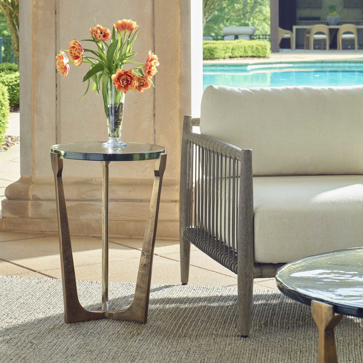Bohdi Outdoor Brass Accent Table, Outdoor Table by Uttermost, 1'3" width x 1'10" height x 1'3" depth View 2