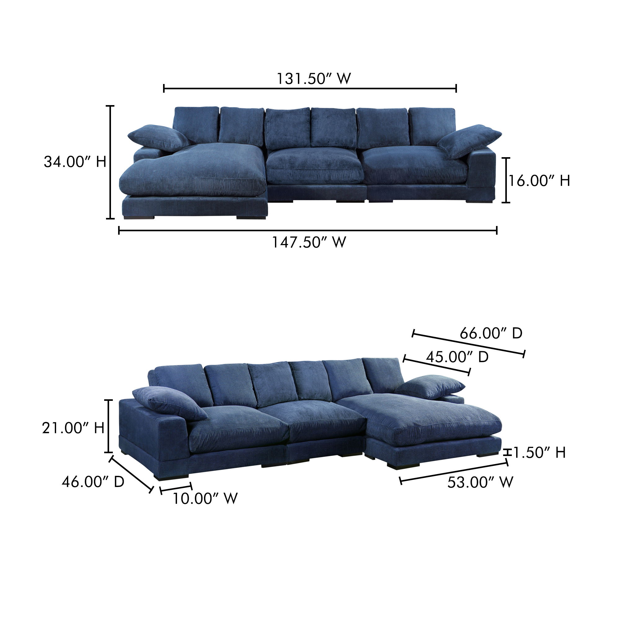 Plunge Large Sectional Navy, Sectional Sofa by Moe's Home, 147.5" width x 34" height x 46" depth View 6