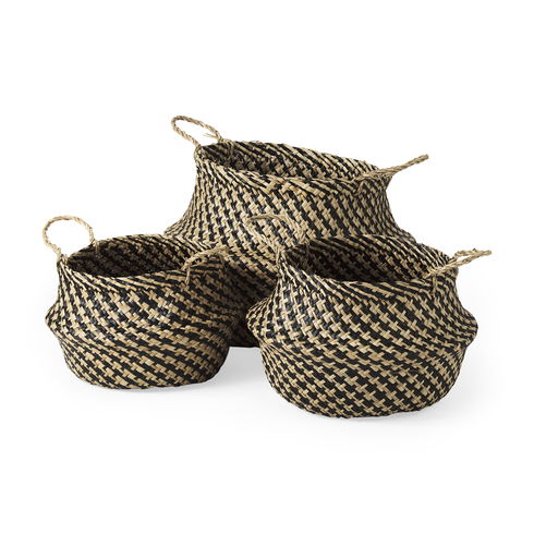 Gaia   Set of 3 Light and Dark Brown Cross Patterend Belly Seagrass Basket