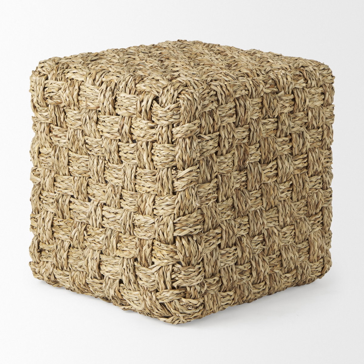 Adele   Medium Brown Seagrass Woven Square Pouf, Ottoman by Mercana, 17.72" length x 17.72" width x 17.72" height View 4