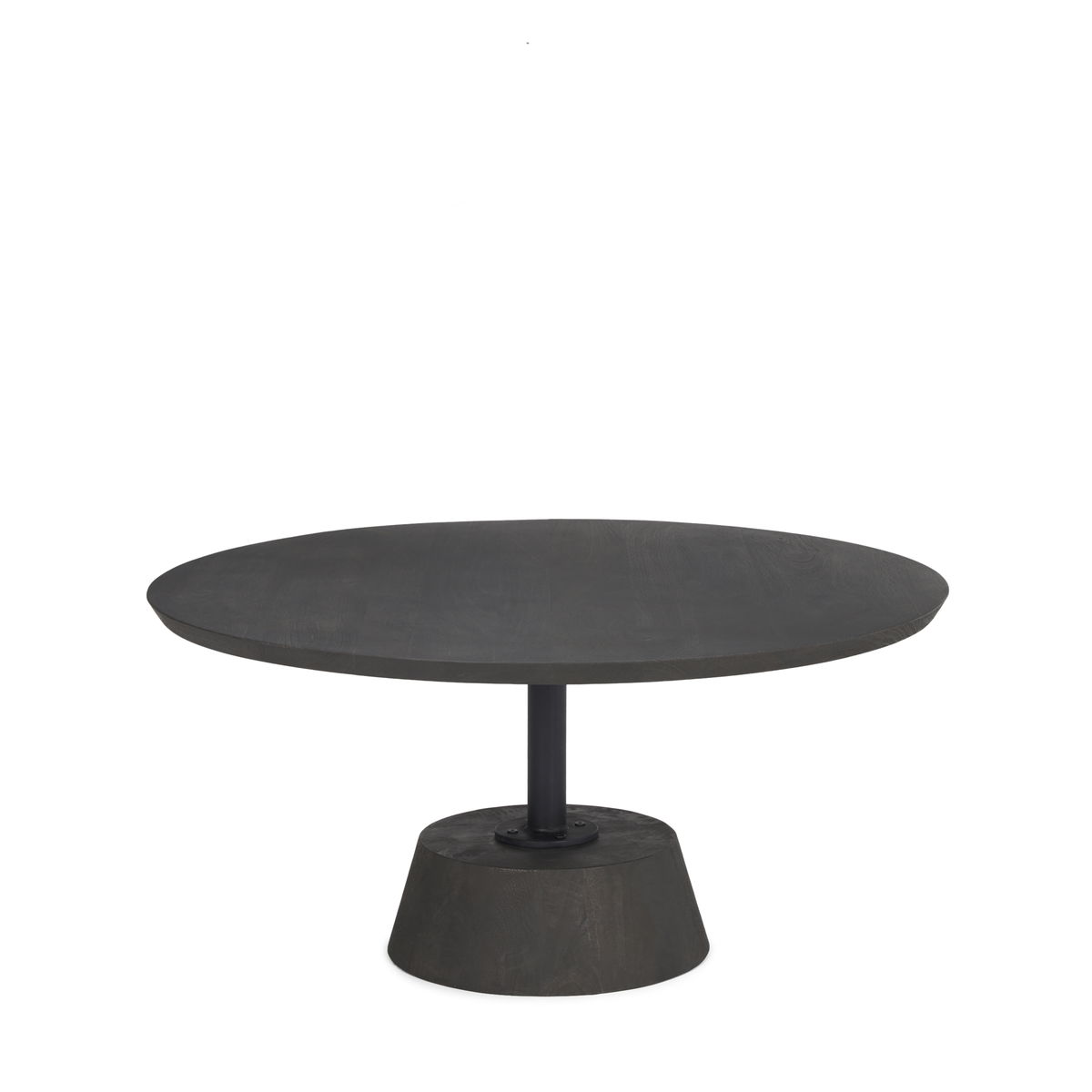 Maxwell 34' Dark Brown Wood with Black Metal Pedestal Base Round Coffee Table, by Mercana, 34" length x 34" width x 16" height View 1