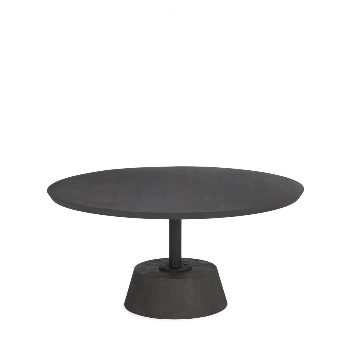 Maxwell 34L x 34W x 16H Dark Brown Wood with Black Metal Pedestal Base Round Coffee Table, by Mercana, 34" length x 34" width x 16" height View 1