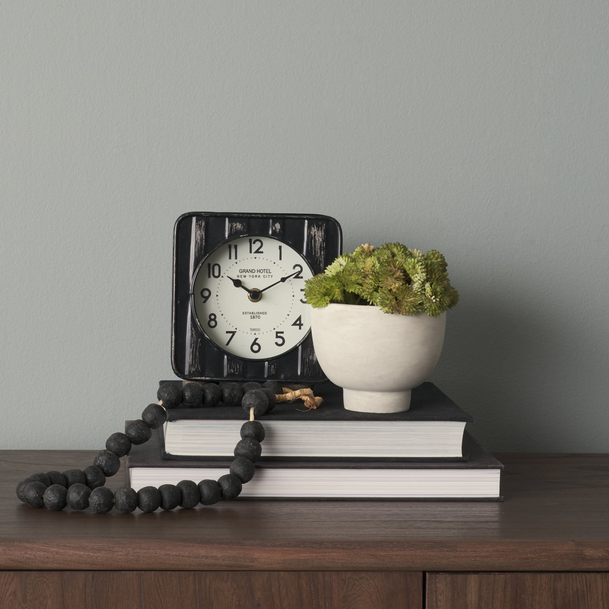 Karl  Rustic Black Iron Rounded Square Table Clock, by Mercana, 6" length x 3" width x 6.75" height View 2