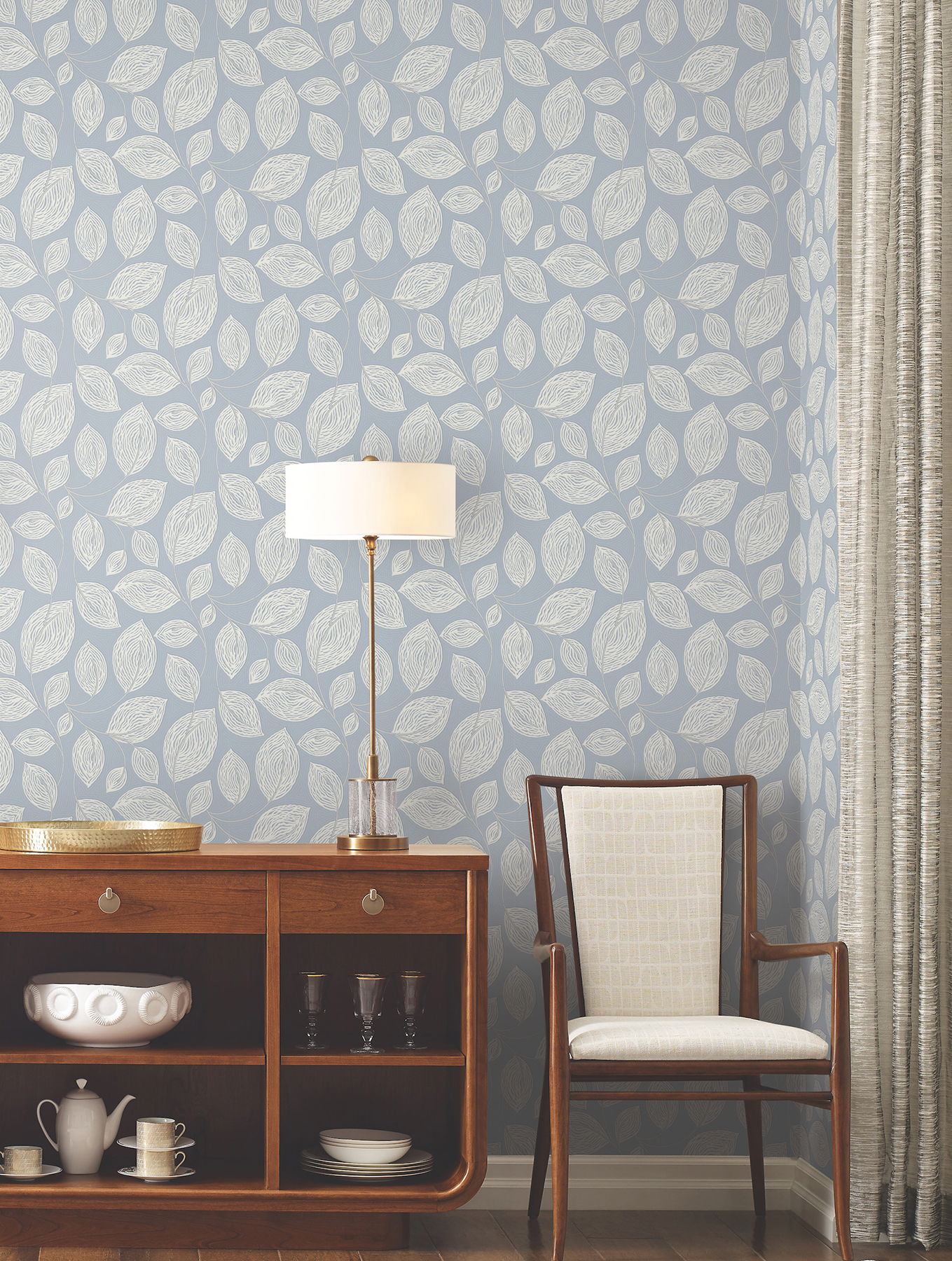 Contoured Leaves Indigo Blue Wallpaper, by York Wall, 27' length x 2'3" width x 0.02" depth View 3