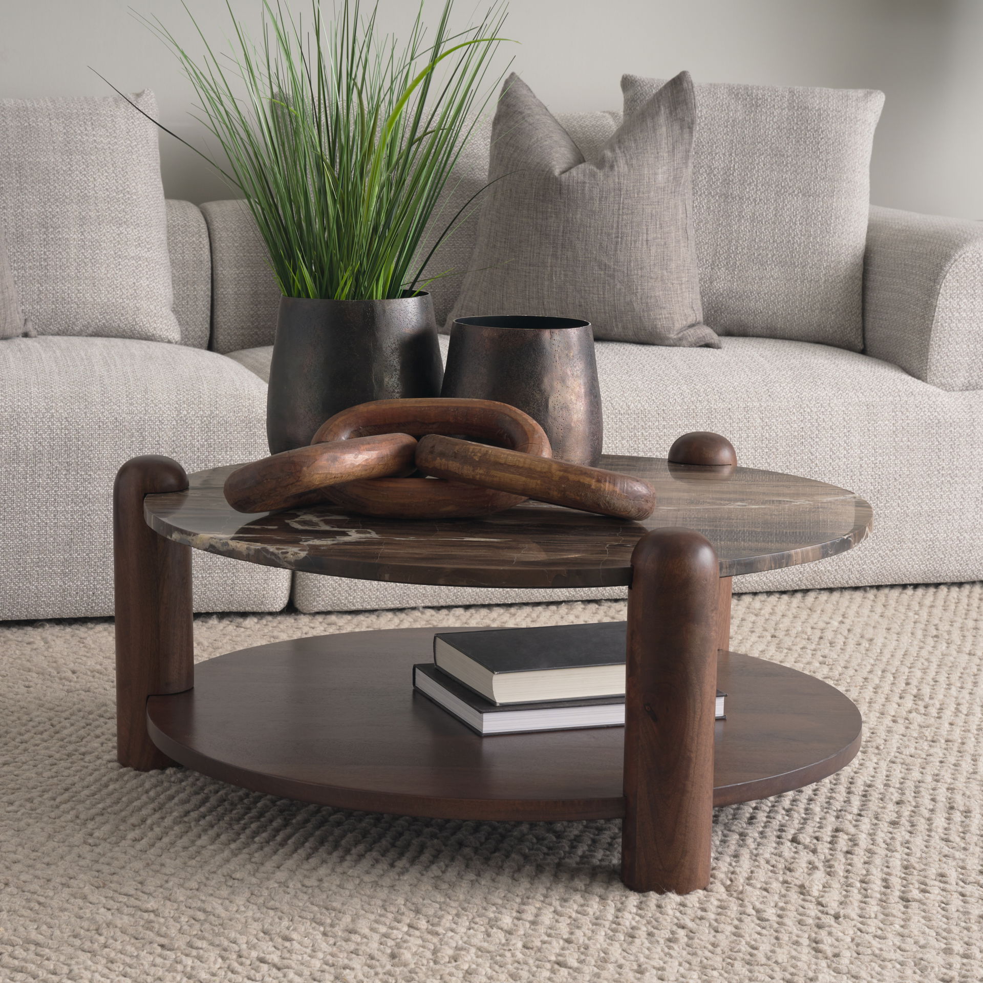 Jovia Brown Mango Wood with Cappuccino Marble Round Coffee Table, by Mercana, 36" length x 36" width x 16" height View 3