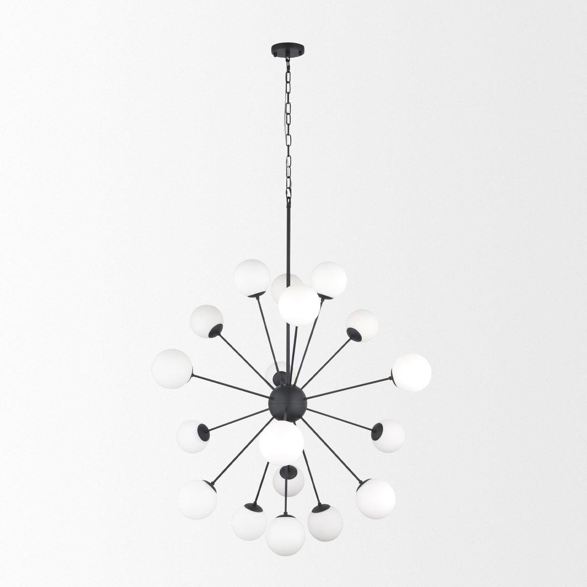 Barbara Matte Black Metal with Frosted Glass Globes 18-Light Chandelier, by Mercana, 48.82" length x 48.82" width x 48.82" height View 4