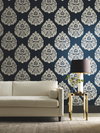 Teardrop Damask Navy Wallpaper, by York Wall, 27' length x 2'3" width x 0.02" depth thumbnail 2