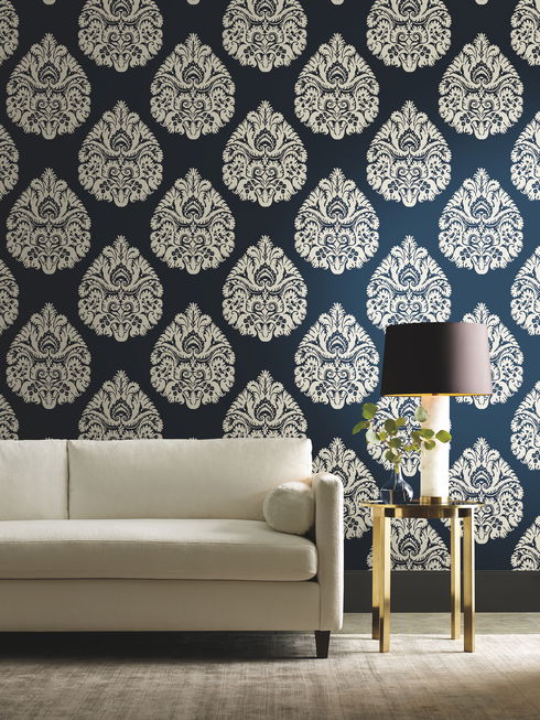Teardrop Damask Navy Wallpaper
