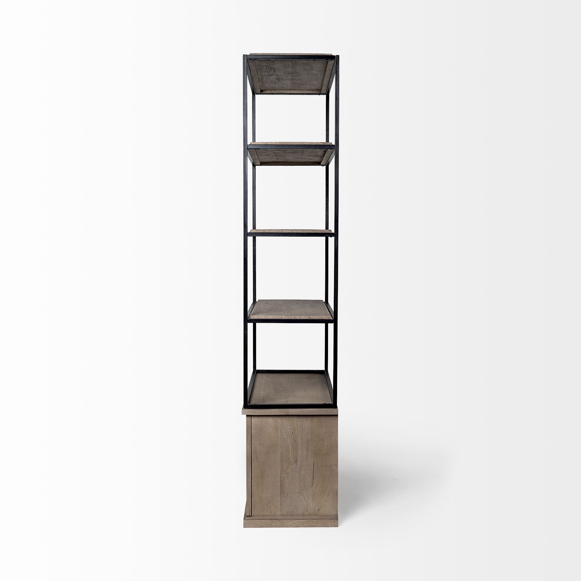 Braxton II Light Brown Wood and Iron Three Shelf Shelving Unit 41.5L x 18.5W x 9, Shelving & Bookcase by Mercana, 41.5" length x 18.5" width x 90" height View 5