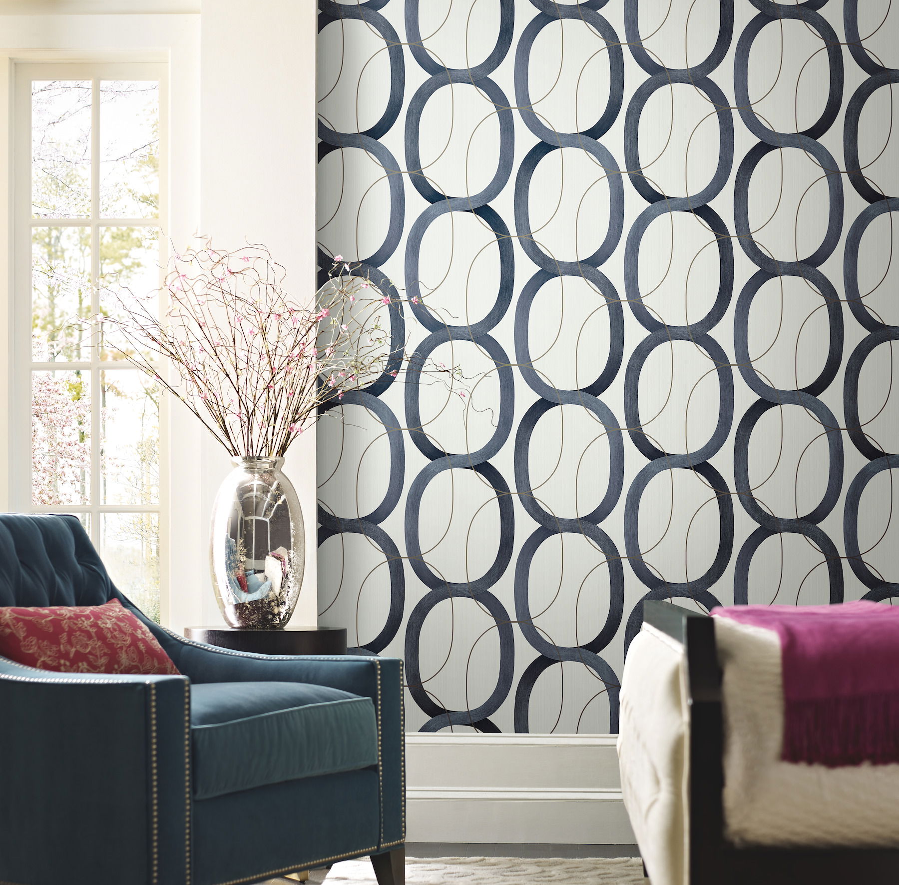 Interlock Navy Wallpaper, by York Wall, 33' length x 1'8.5" width x 0.02" depth View 3