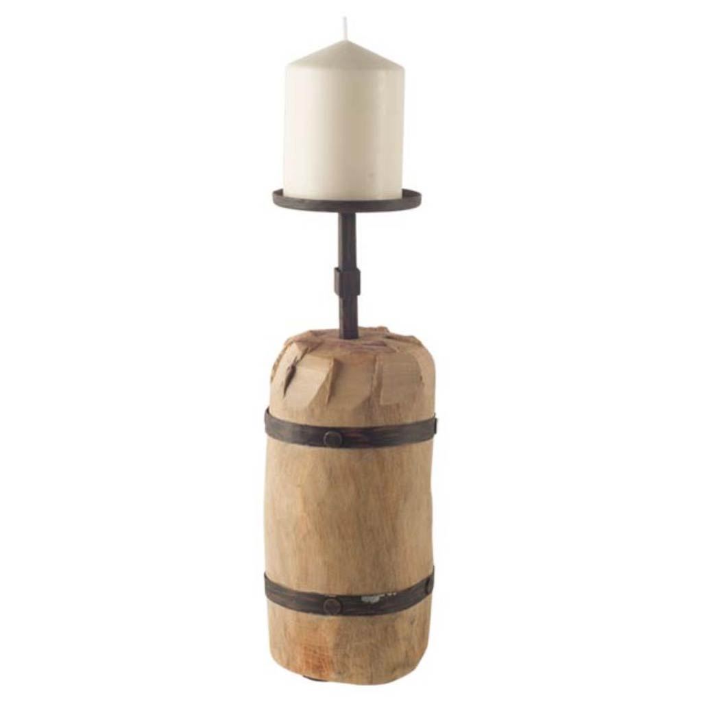 Edgeland I Short Brown Wood Metal Strap Candle Holder, Candles & Candle Holder by Mercana, 4.5" length x 4.33" width x 15.75" height View 1