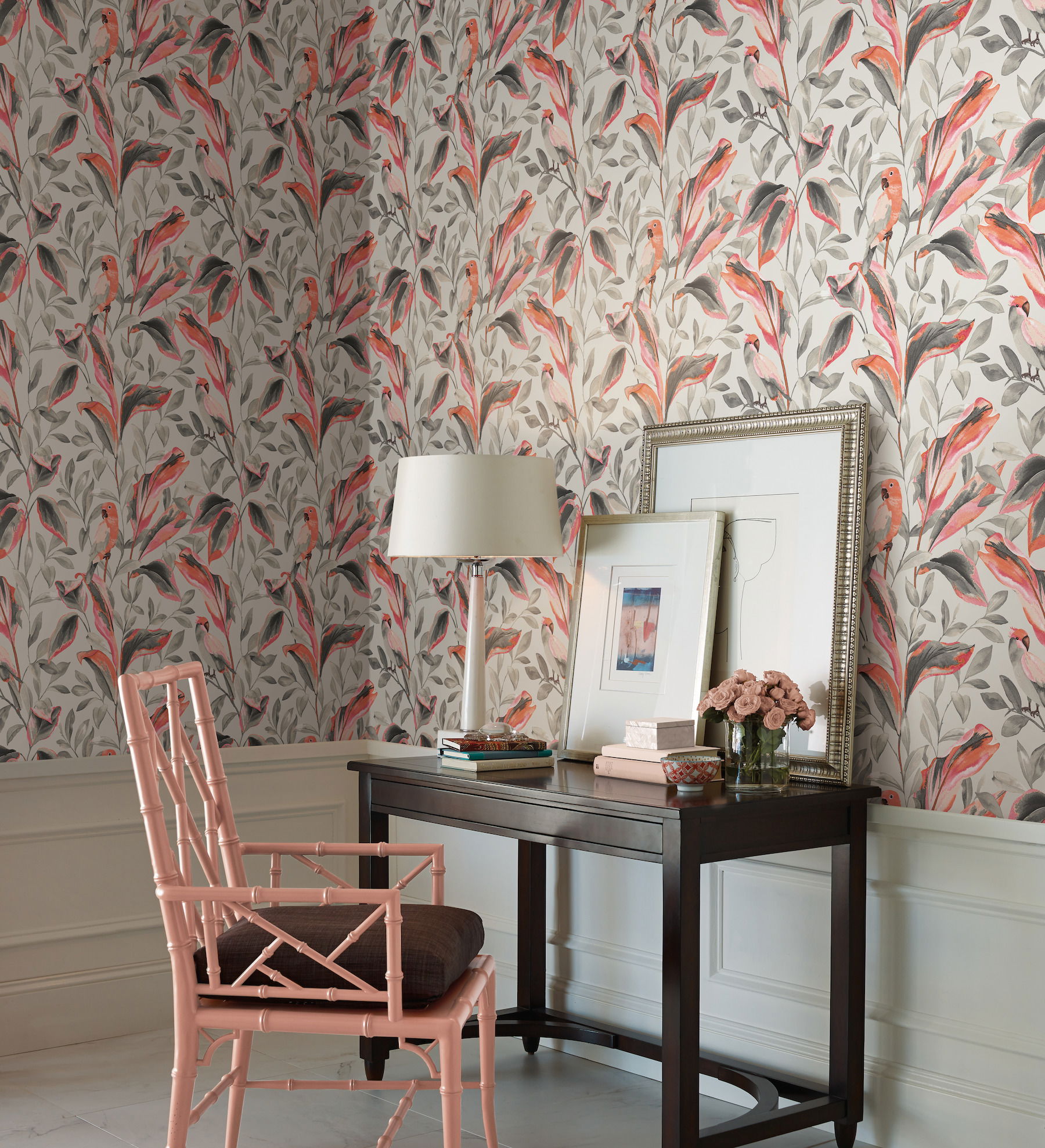 Tropical Love Birds Grey Wallpaper, by York Wall, 27' length x 2'3" width x 0.02" depth View 3