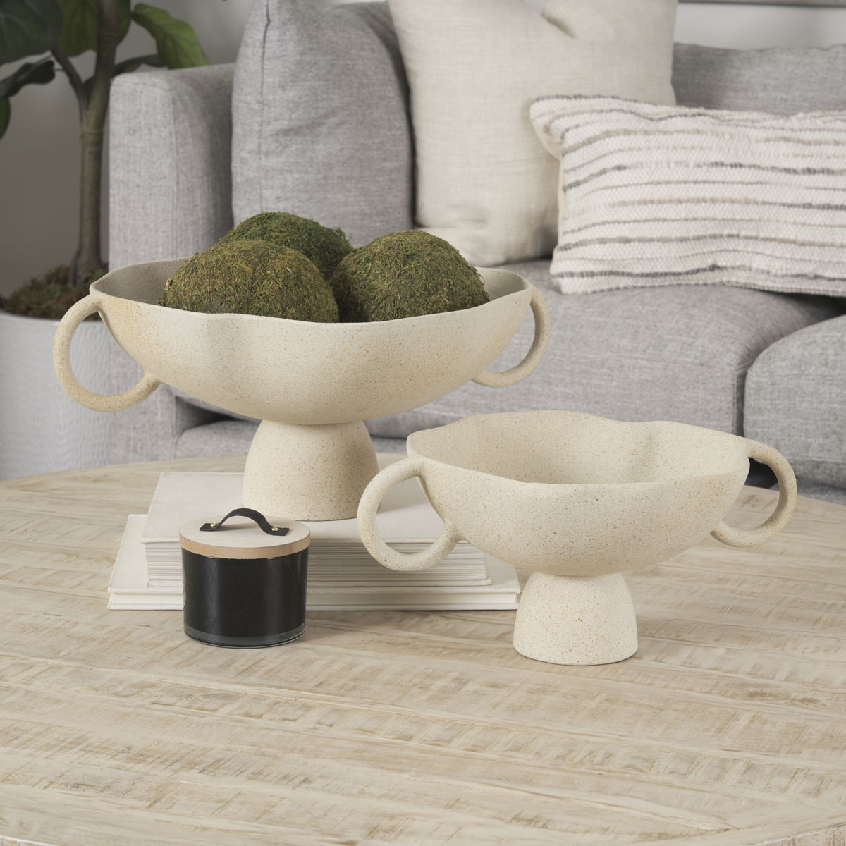 Radka Beige Textured Large Metal Decorative Bowl, by Mercana, 19.69" length x 15.75" width x 8.25" height View 3