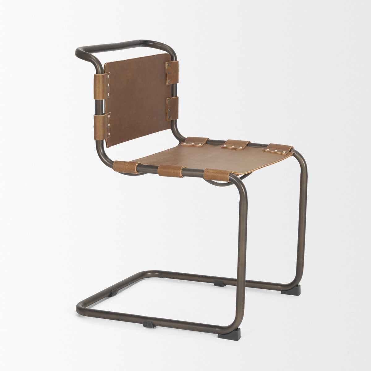 Berbick 33' Total Height Medium Brown Leather with Iron Frame Dining Chair, by Mercana, 20.5" length x 24" width x 33" height View 8