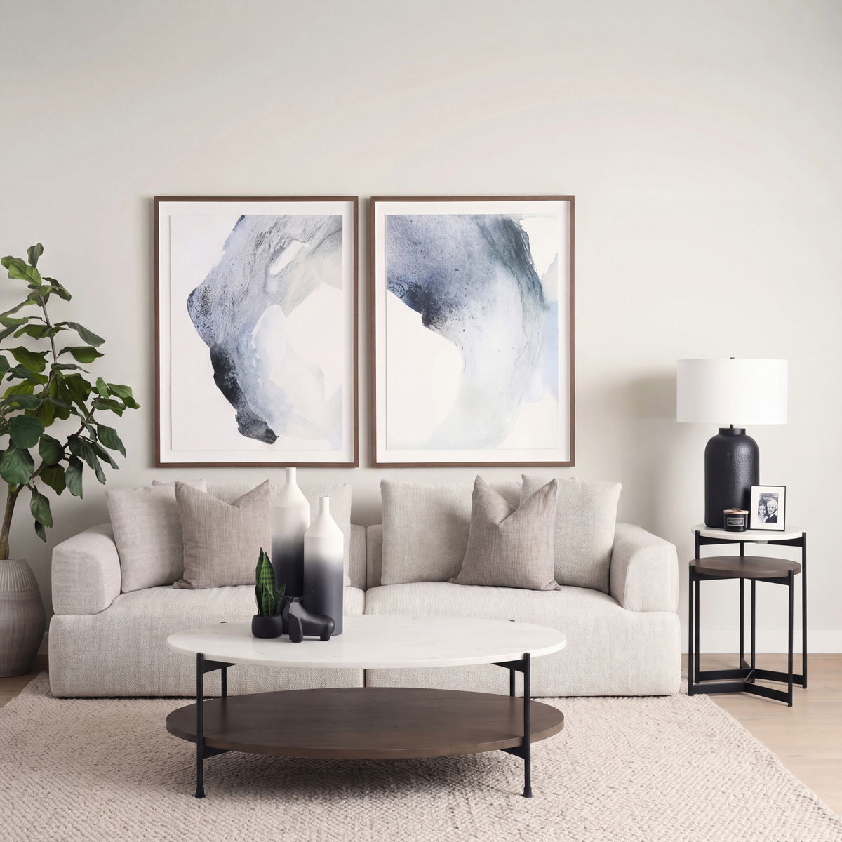 Larkin White Marble Top with Dark Brown Wood Shelf Oval Coffee Table, by Mercana, 48" length x 30" width x 16" height View 2