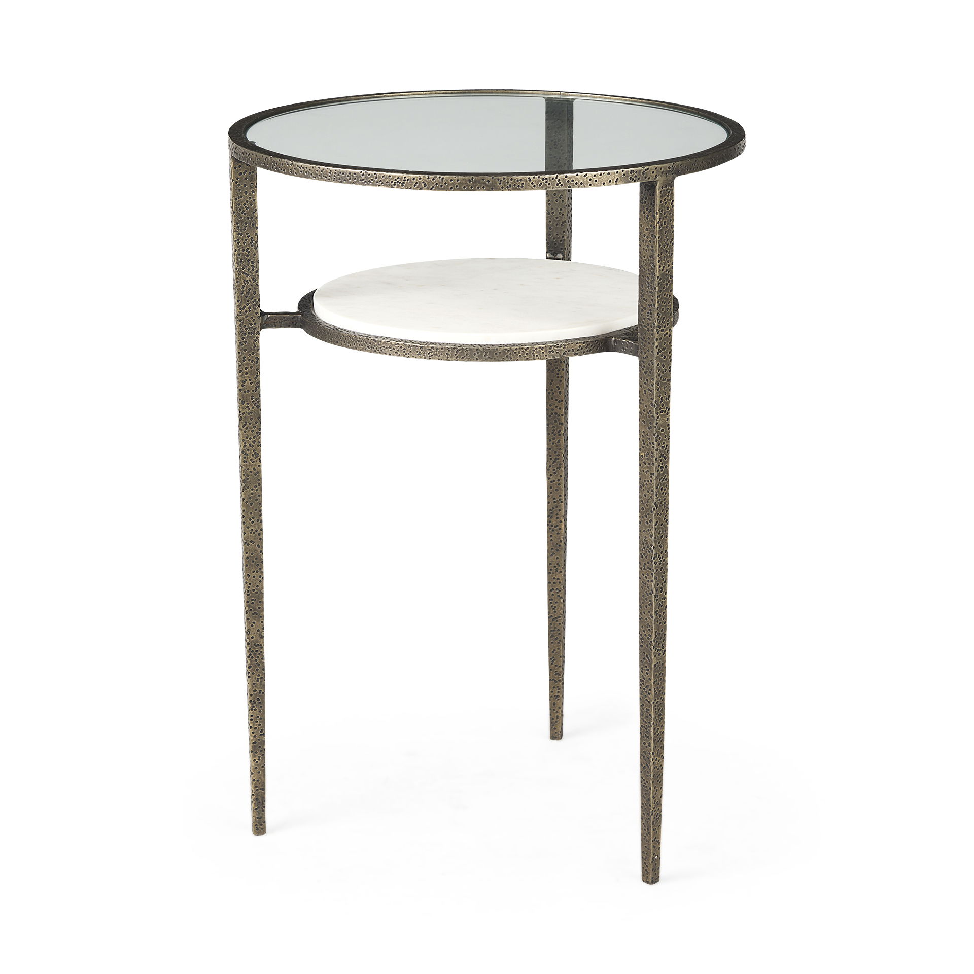 Felicity 15.8L X 15.8W X 22.5H Glass Top with White Marble Shelf and Antique Gold Base End/Side Table, Side & End Table by Mercana, 15.75" length x 15.75" width x 22.5" height View 1