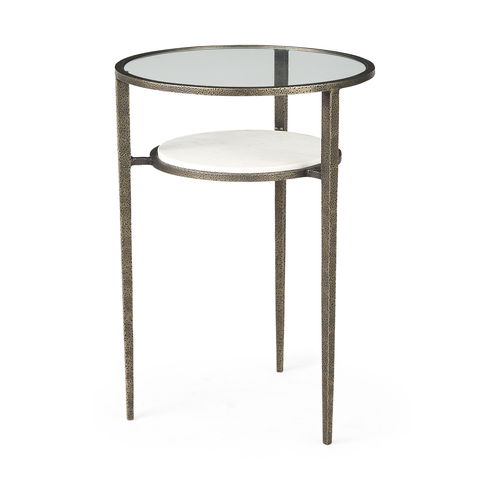 Felicity 15.8L X 15.8W X 22.5H Glass Top with White Marble Shelf and Antique Gold Base End/Side Table