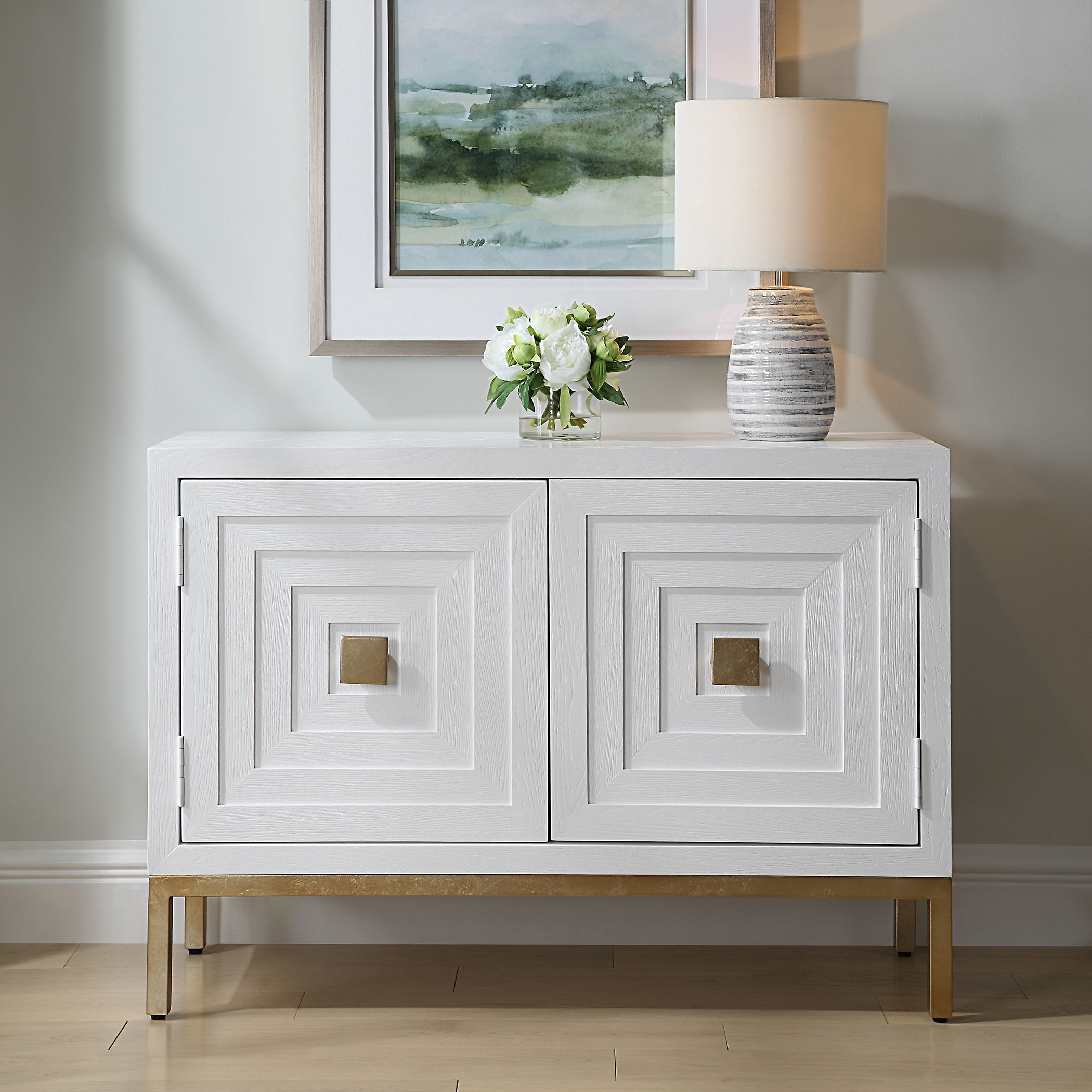 Aiken White 2 Door Cabinet, Furniture by Uttermost, 43.25" width x 31.12" height x 16" depth View 2