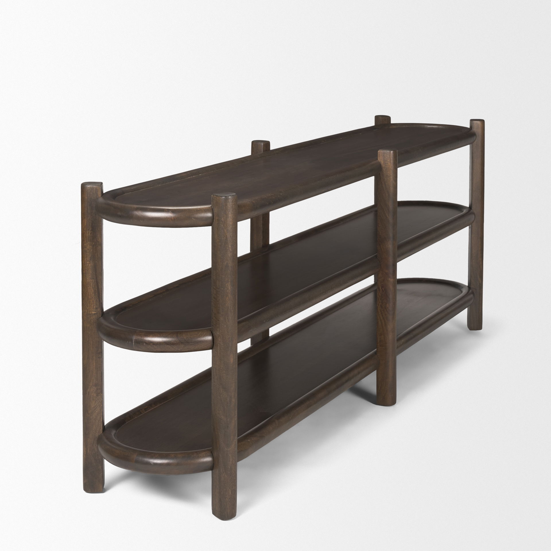 Romi Dark Brown Wood with 3 Shelves Oval Console Table, by Mercana, 80" length x 19" width x 30" height View 6
