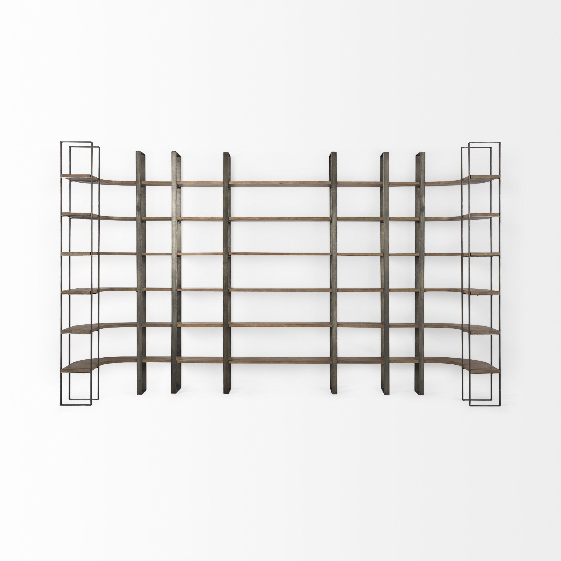 Taunton 80L x 10.5W x 90H Medium Brown Wood with Antique Nickel Metal Frame 6 Tier Shelving Unit large image 