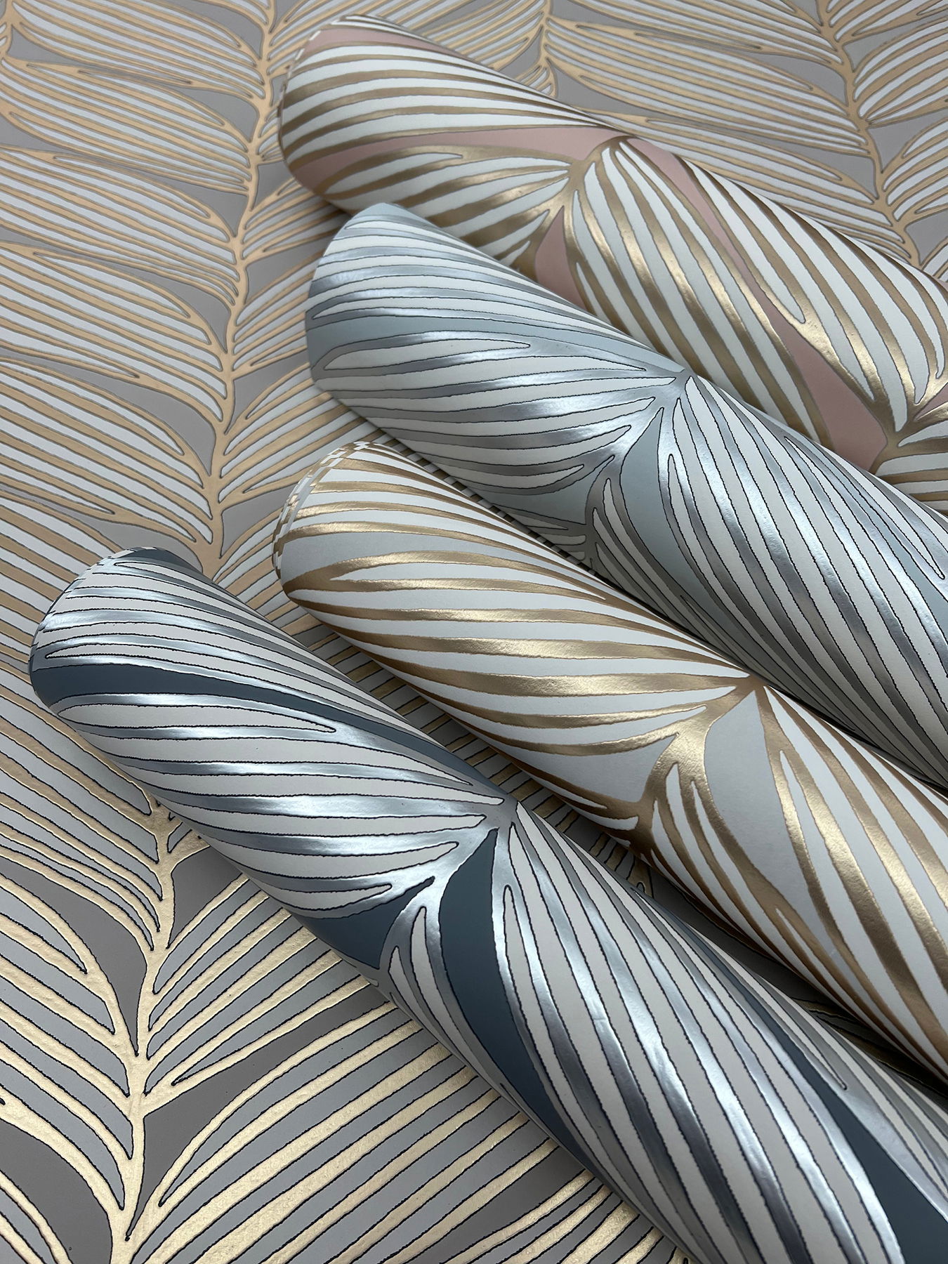 Luminous Leaves Grey & Gold Wallpaper large image 