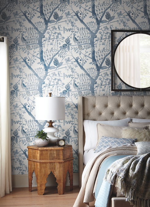 Peacock Block Print Blue Wallpaper