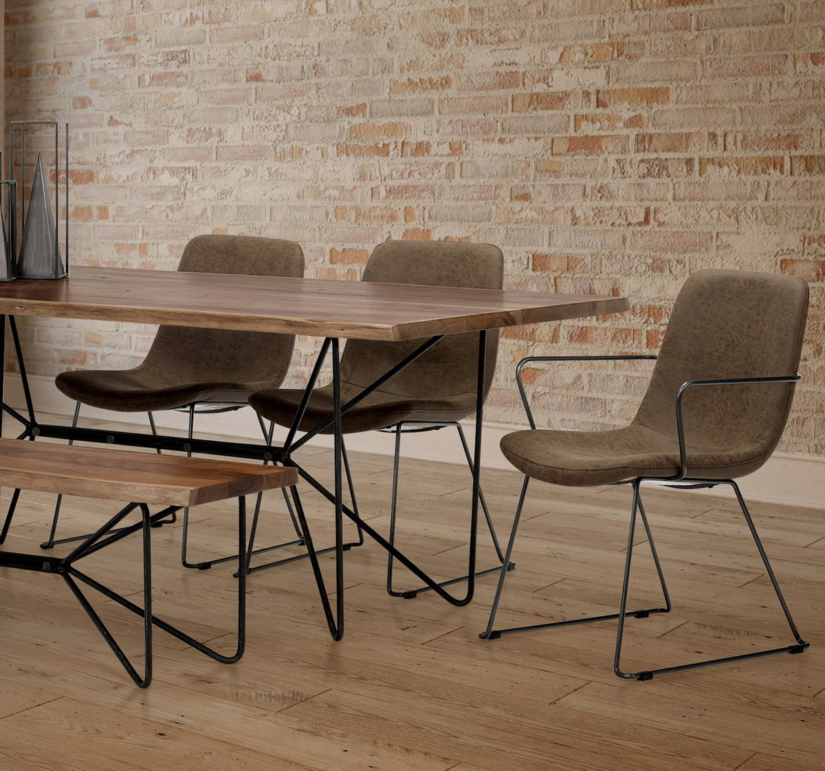 Sawyer Solid Back Dining Side Chair | Brown Faux Leather with Pipe Metal, Dining Chair by Mercana, 22.44" length x 24.8" width x 34.65" height View 2