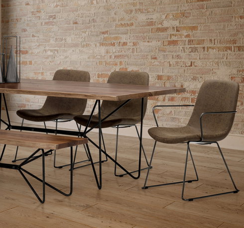 Sawyer Solid Back Dining Side Chair | Brown Faux Leather with Pipe Metal