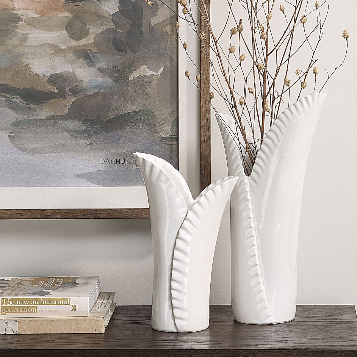 Leafscape White Vases Set/2, by Uttermost, 7.75" width x 15" height x 5.94" depth View 2