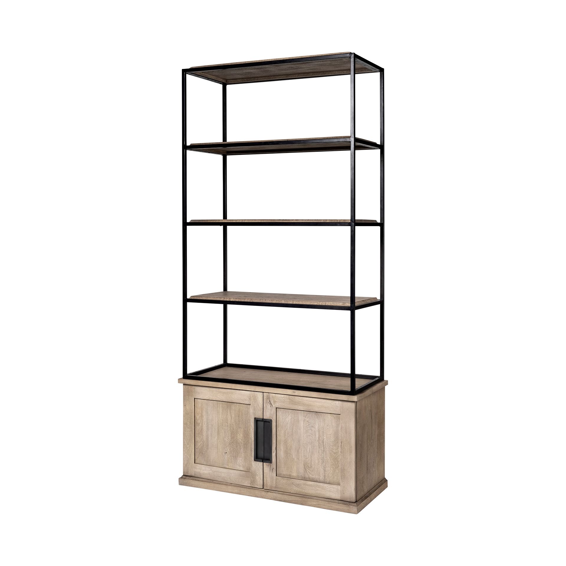 Braxton II Light Brown Wood and Iron Three Shelf Shelving Unit 41.5L x 18.5W x 9, Shelving & Bookcase by Mercana, 41.5" length x 18.5" width x 90" height View 1