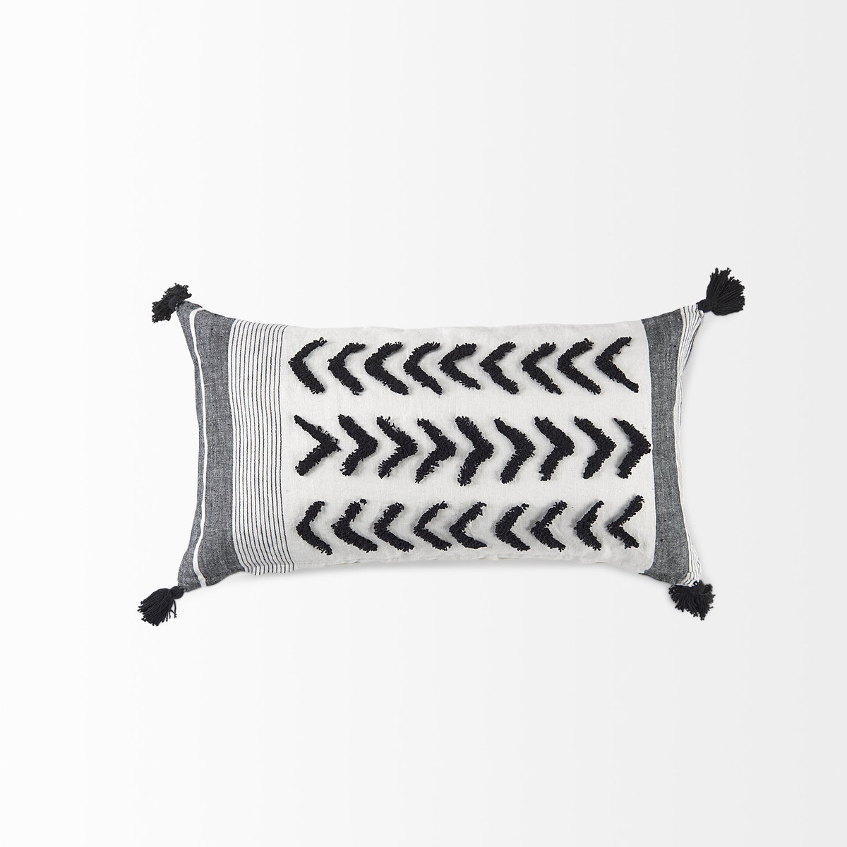 Kimia 14x26 White and Black Fabric Herringbone and Fringed Decorative Pillow Cover, by Mercana, 14" length x 26" width x 0.2" height View 9